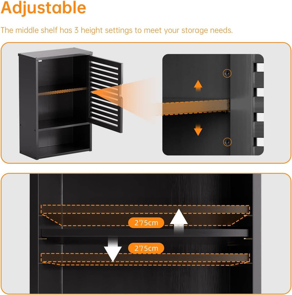 Bathroom storage cabinet with adjustable middle shelf and height settings