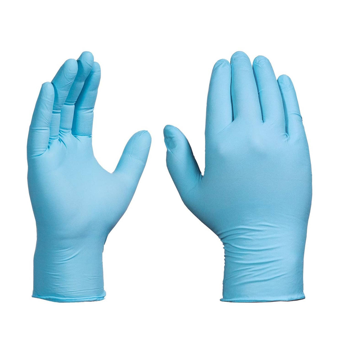 Pair of blue nitrile gloves shown palm-up, protective fit