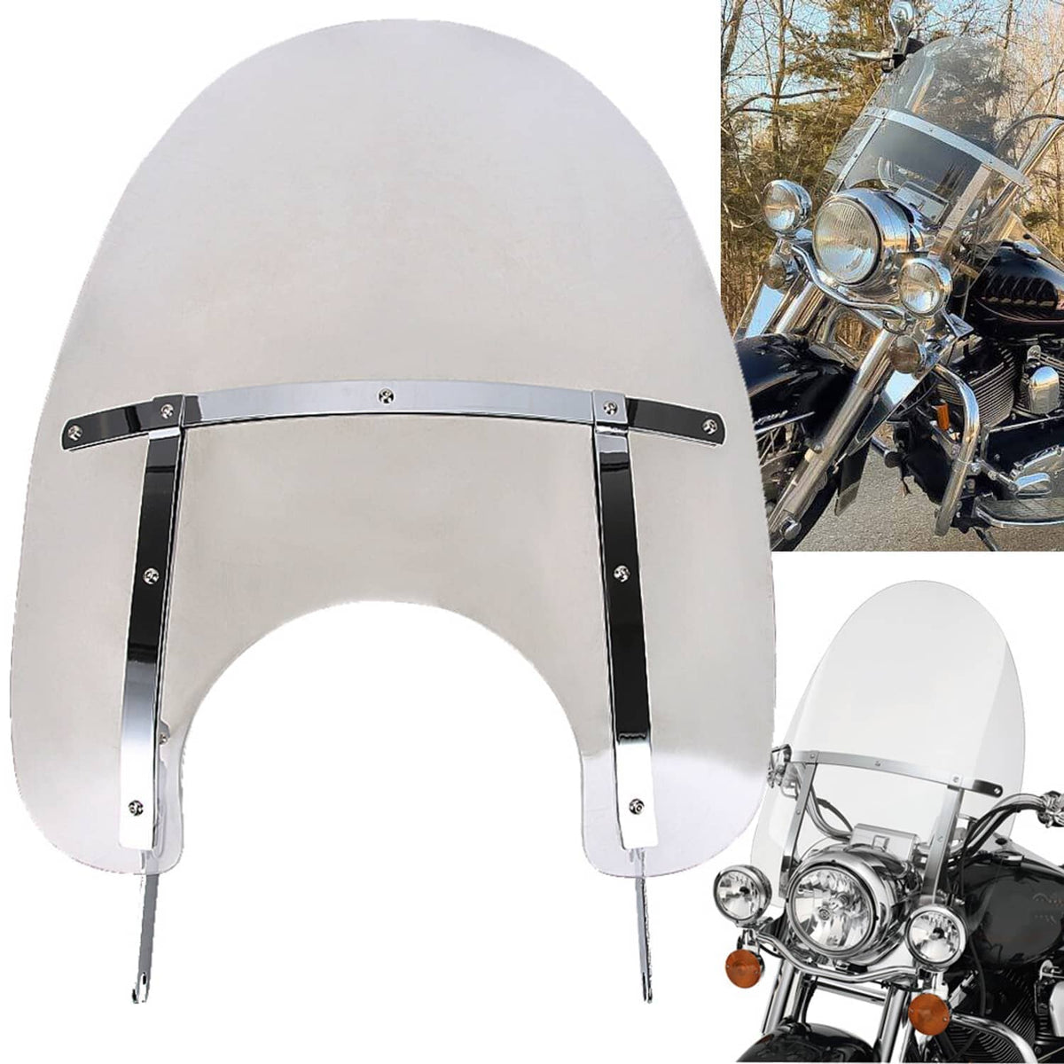 Clear windshield panel with chrome support brackets and mounting hardware set