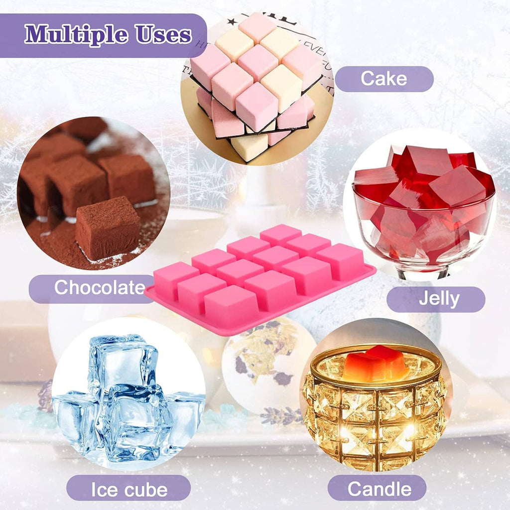 Silicone wax melts mold set with pink square mold and sample wax, jelly, ice, cake shapes
