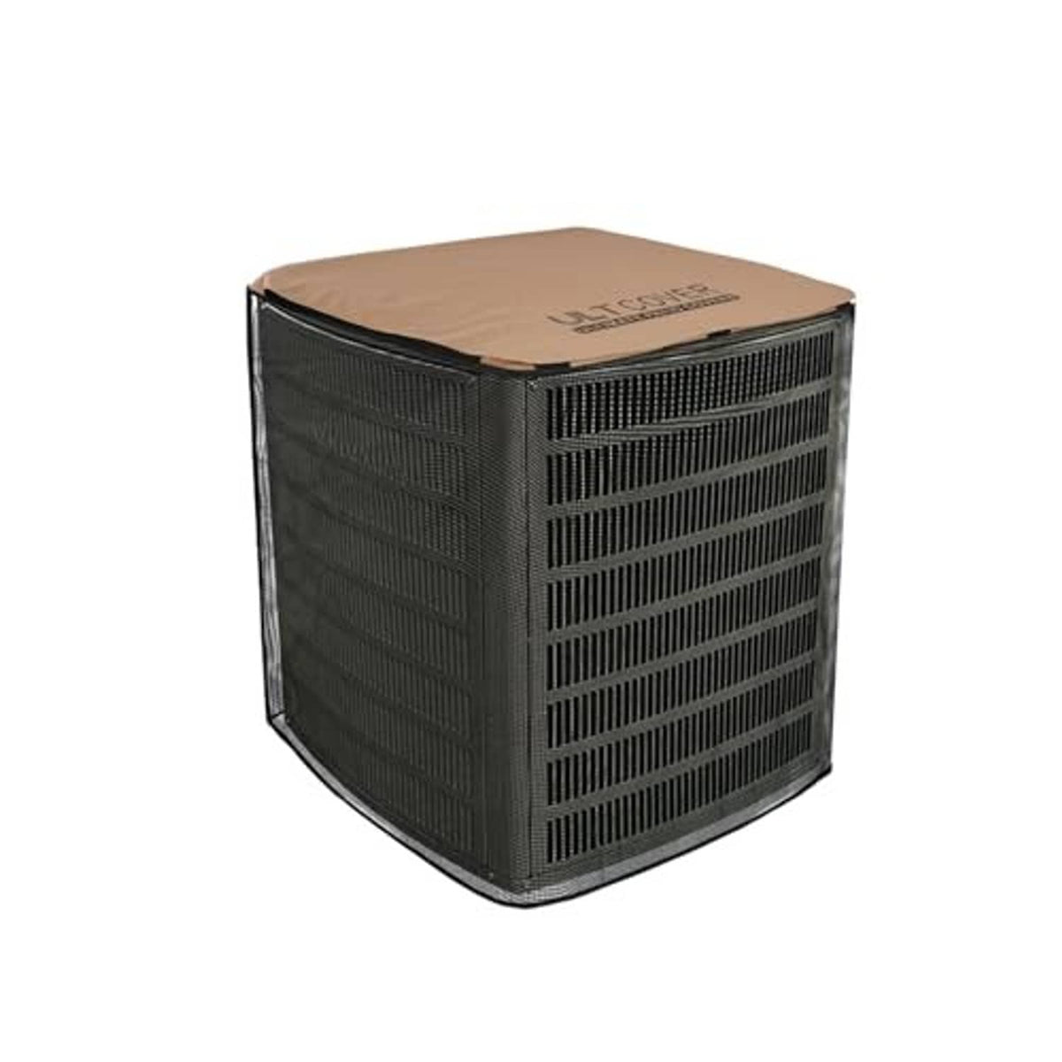 Square air conditioner cover with brown top and dark mesh side vents