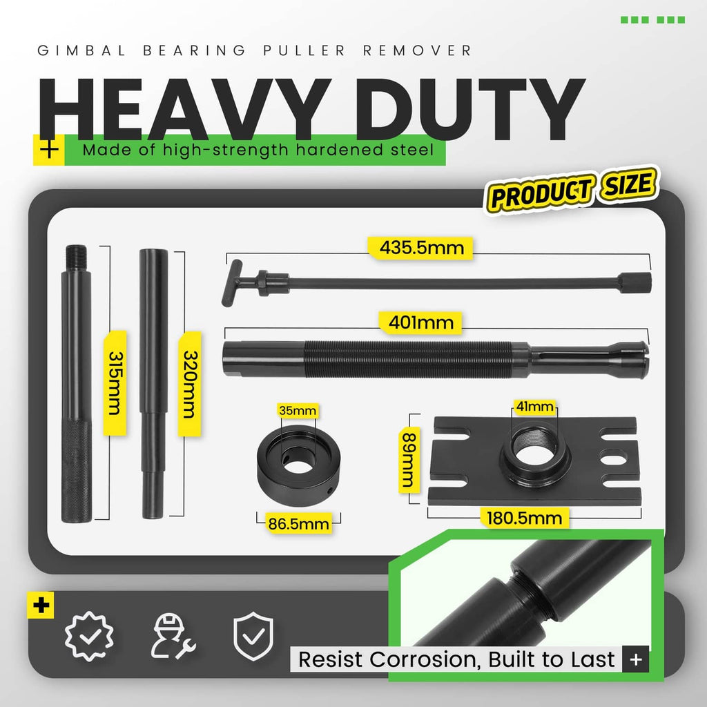Heavy-duty gimbal bearing puller kit with black steel shafts and mounting plate pieces
