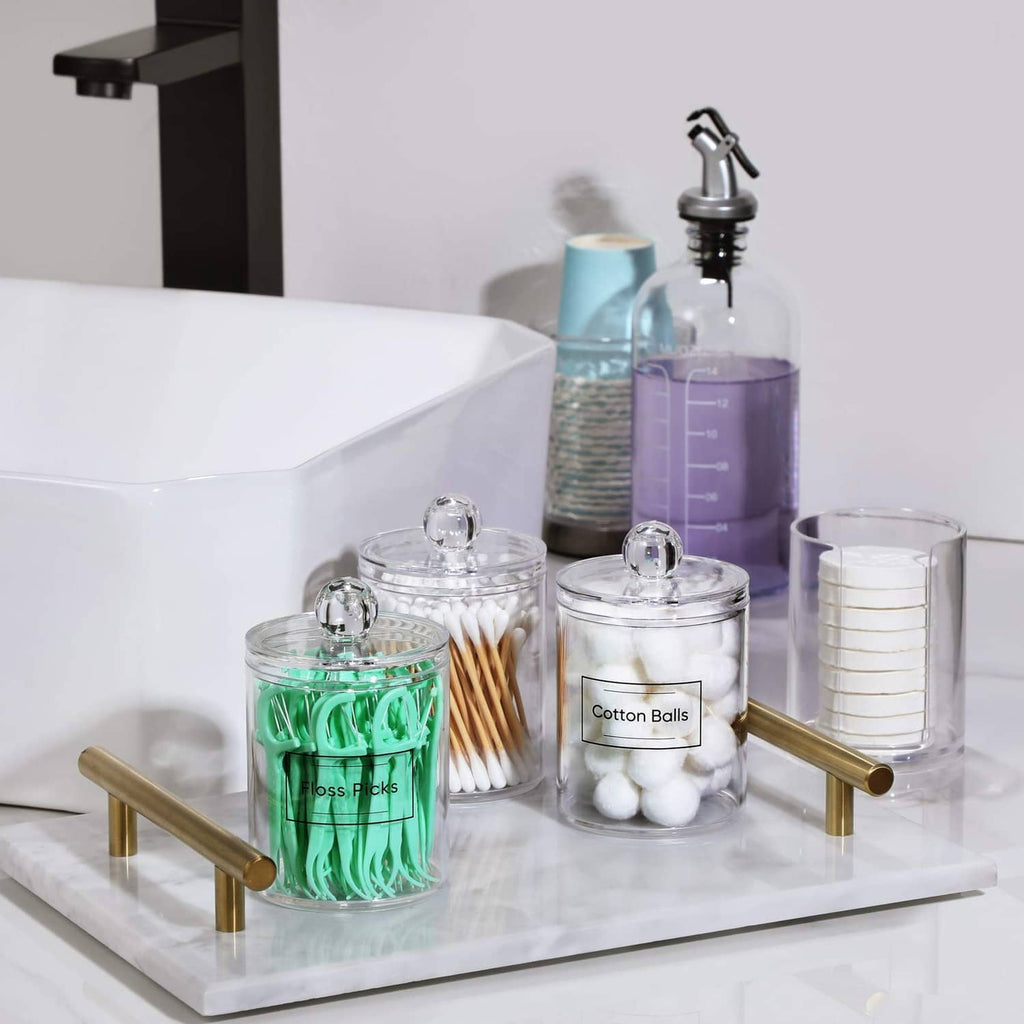 Clear acrylic cotton swab, floss pick, and cotton ball holders with dome lids