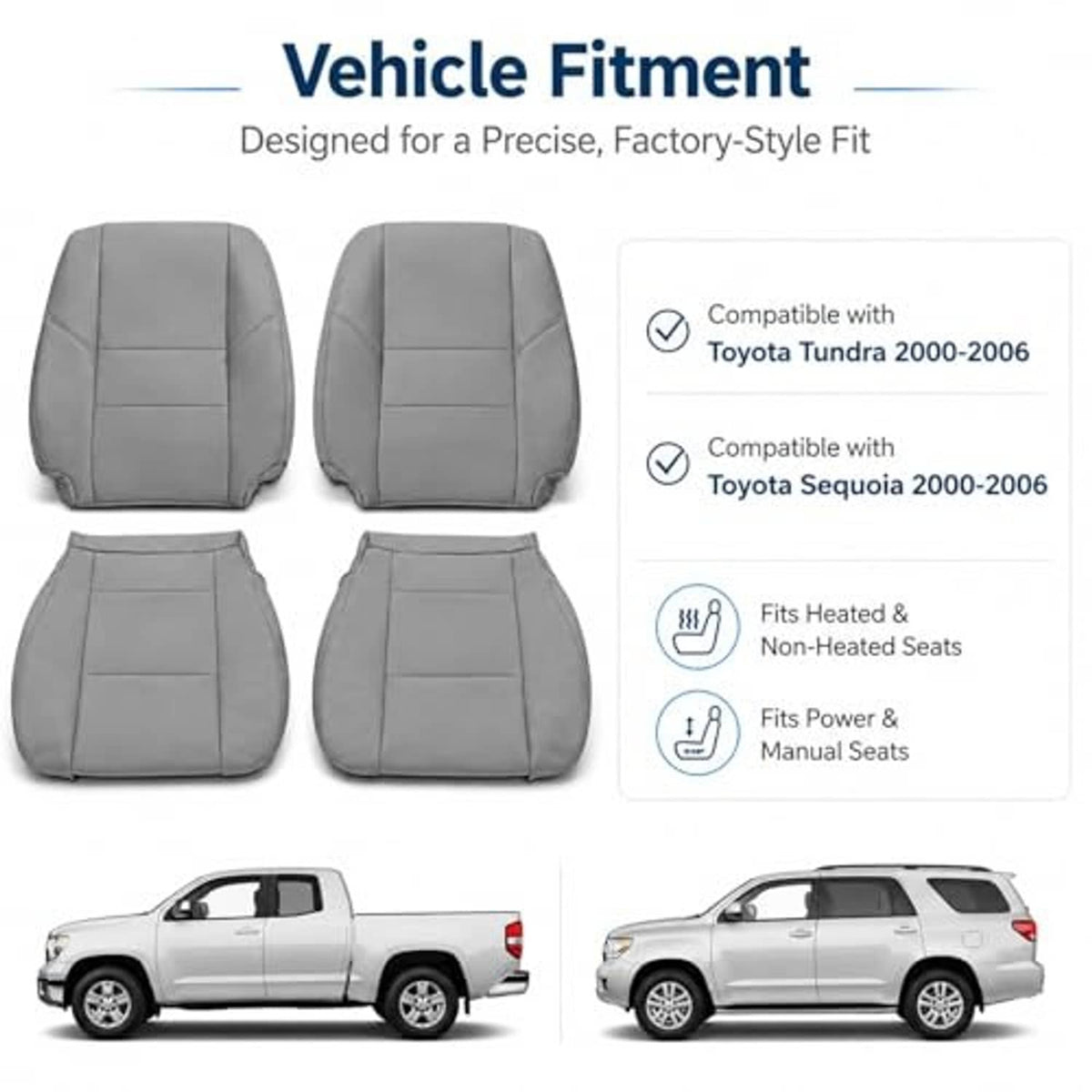 Gray factory-style front seat back and bottom replacement covers, tailored fit shape