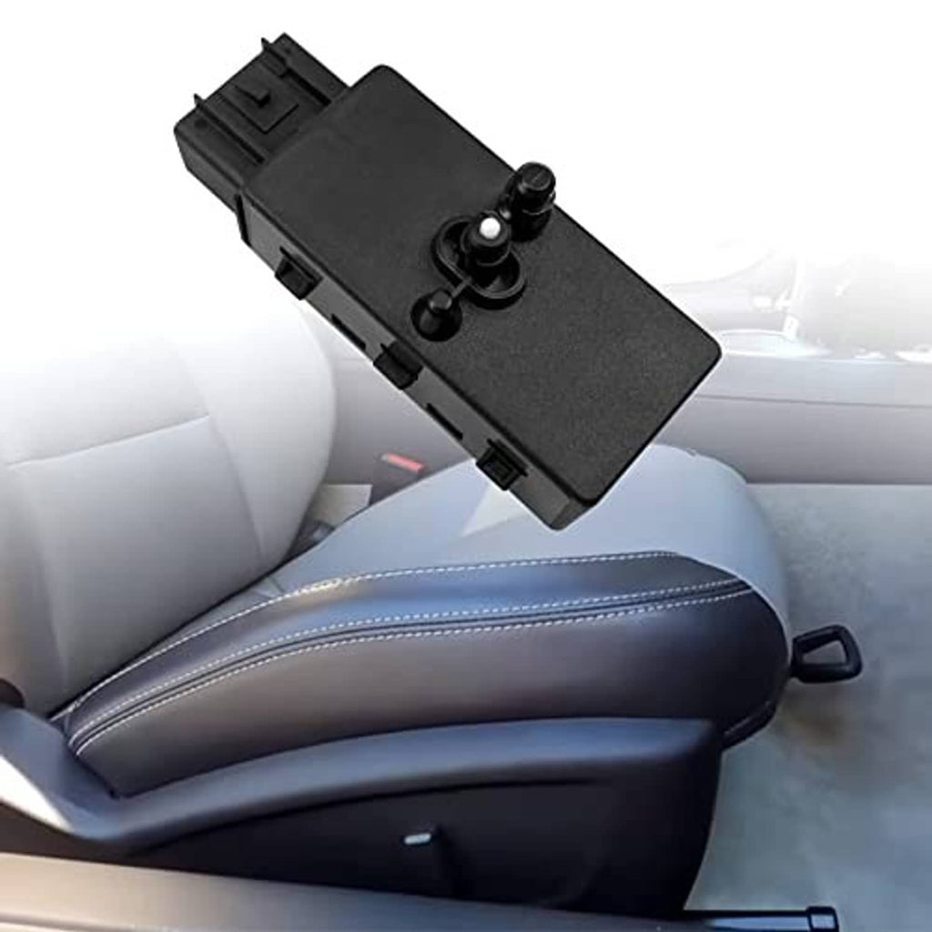 Power seat adjuster switch attached to car seat side panel, black with three push controls