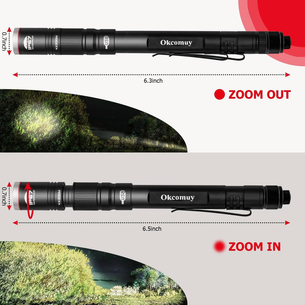 Okcomuy black pen light with pocket clip, shown compact length around 6.5 inches