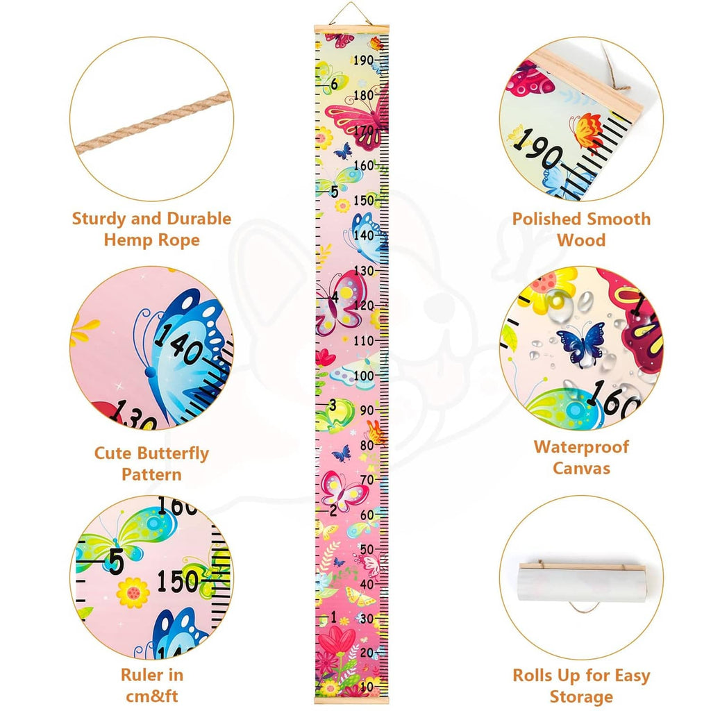 Kids growth chart showing hemp rope hanger, smooth wood top, waterproof canvas