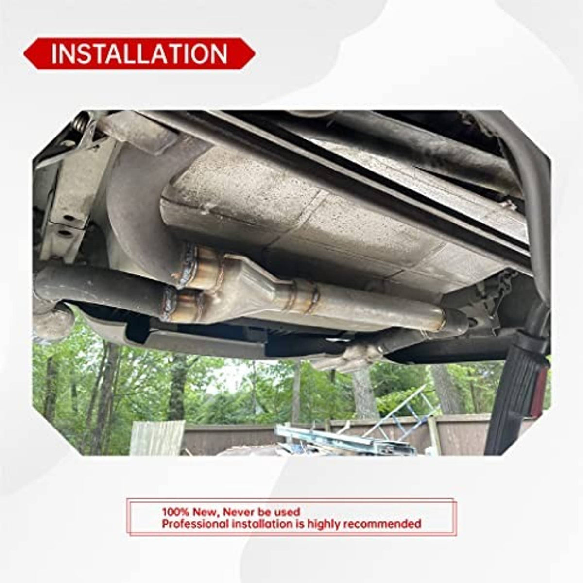 Stainless steel Y-pipe exhaust connector installed under vehicle, welded to pipe
