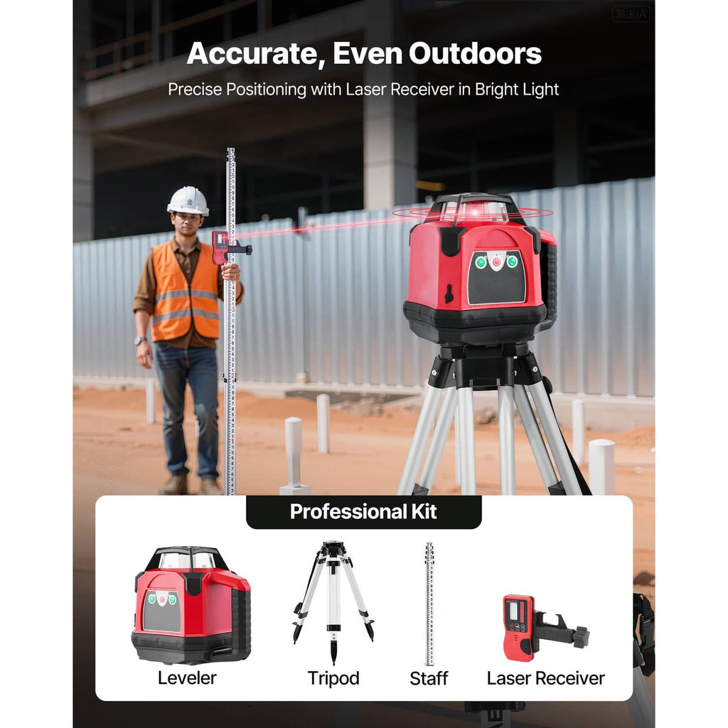 Red rotary laser level on tripod projecting laser lines outdoors