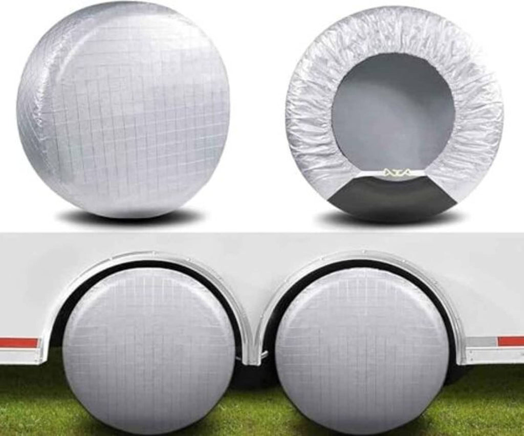 Silver reflective tire cover set of two with black-edged openings