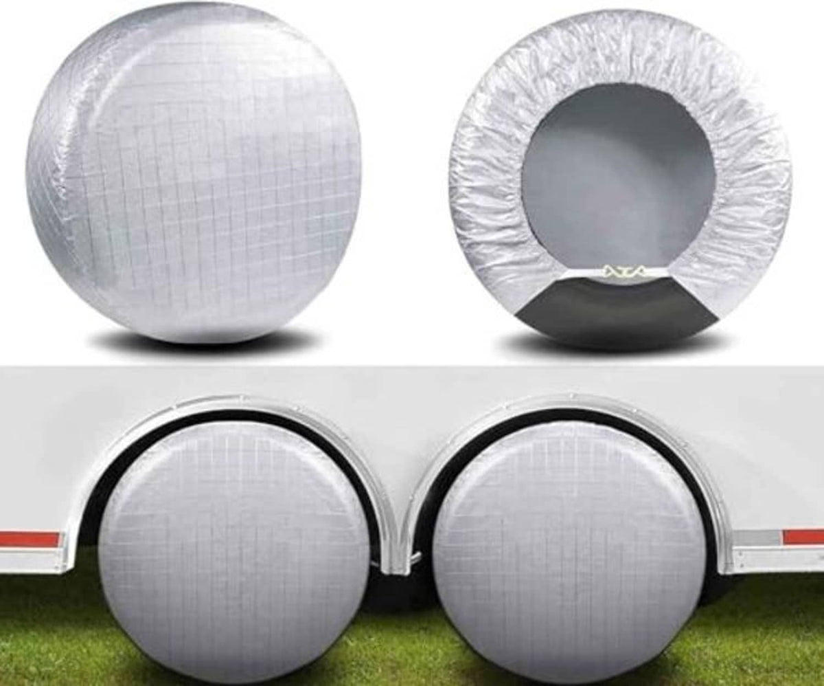 Silver reflective tire cover set of two with black-edged openings