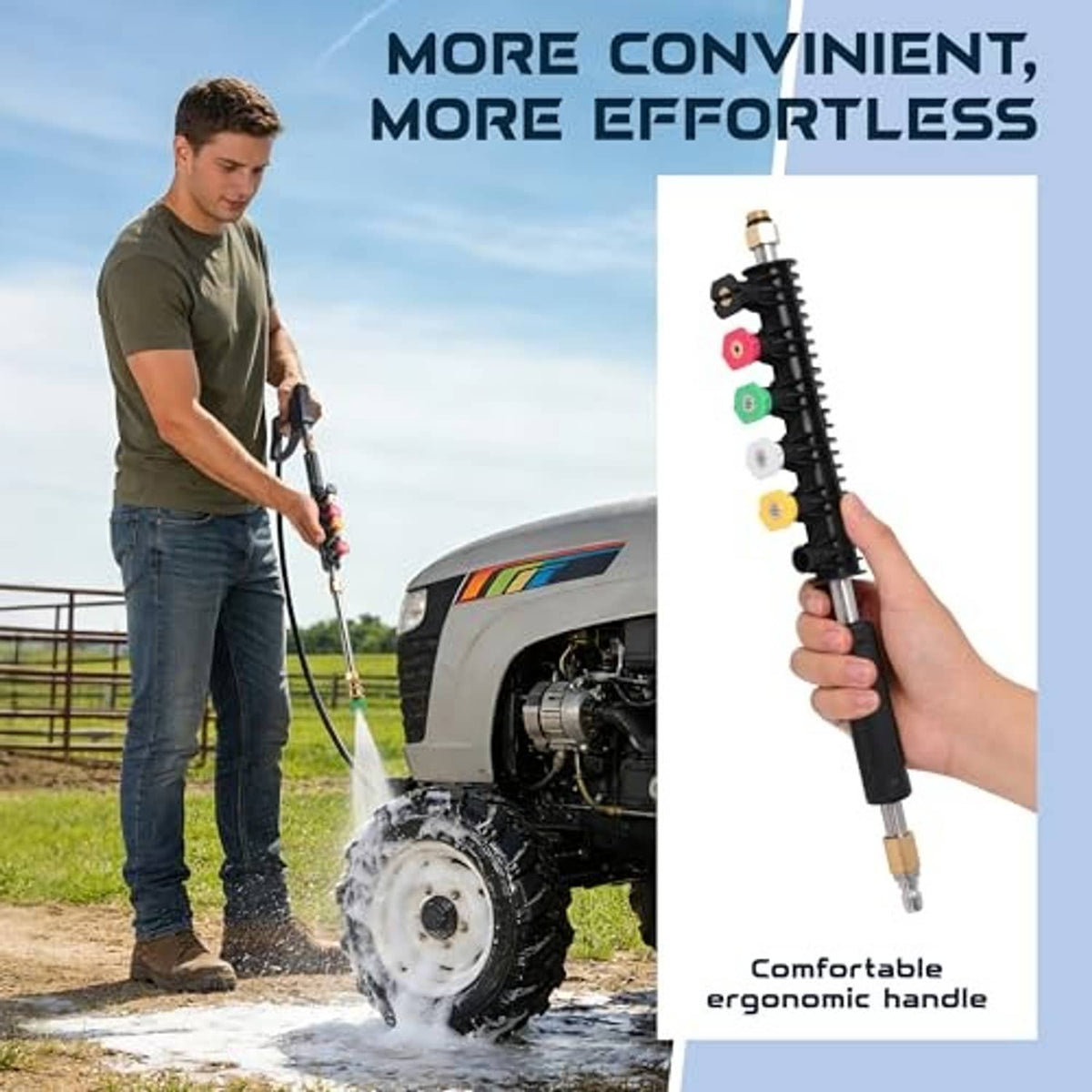 Pressure washer extension wand with ergonomic grip and brass fittings, shown in hand
