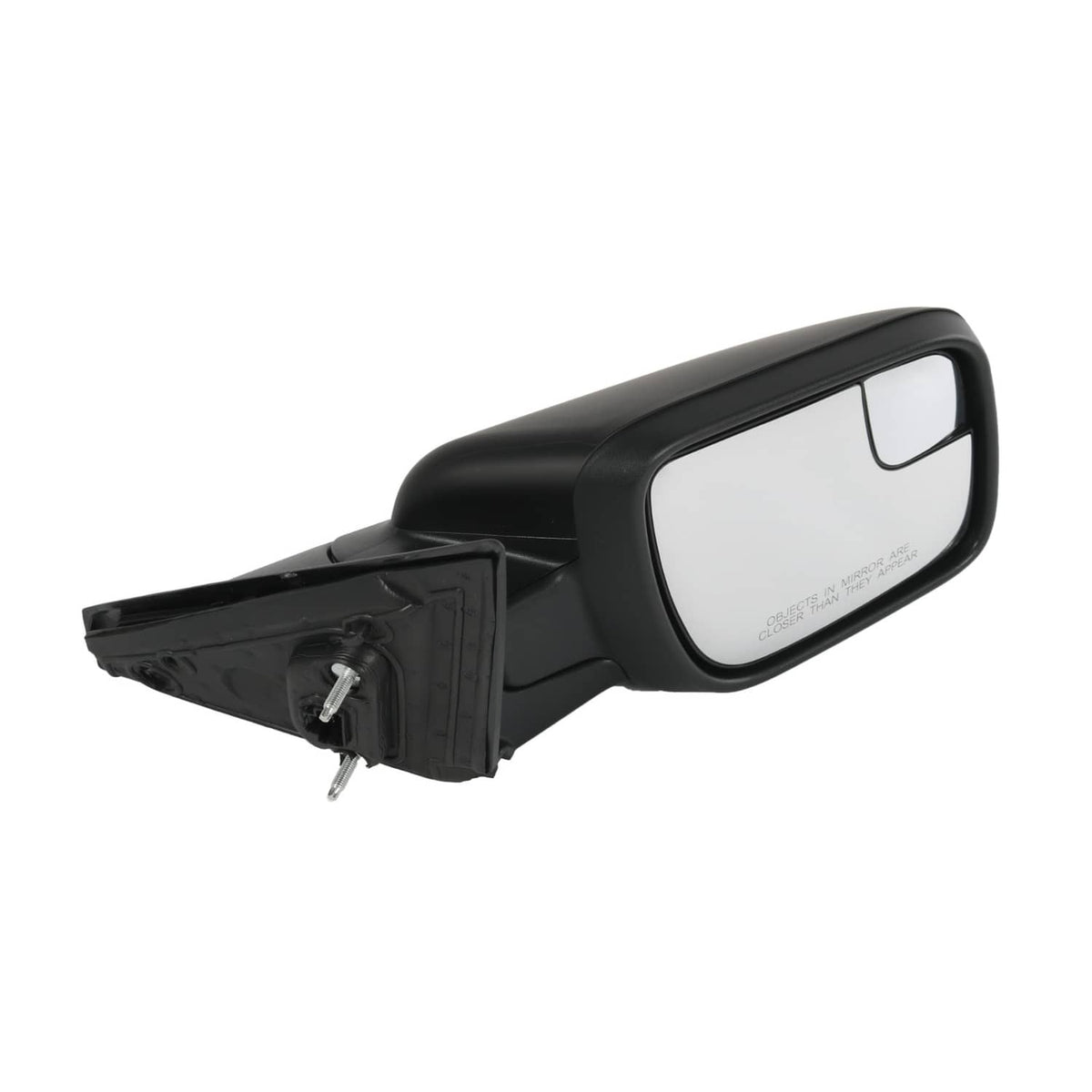 Right side power mirror with clear glass, textured black housing, manual fold design