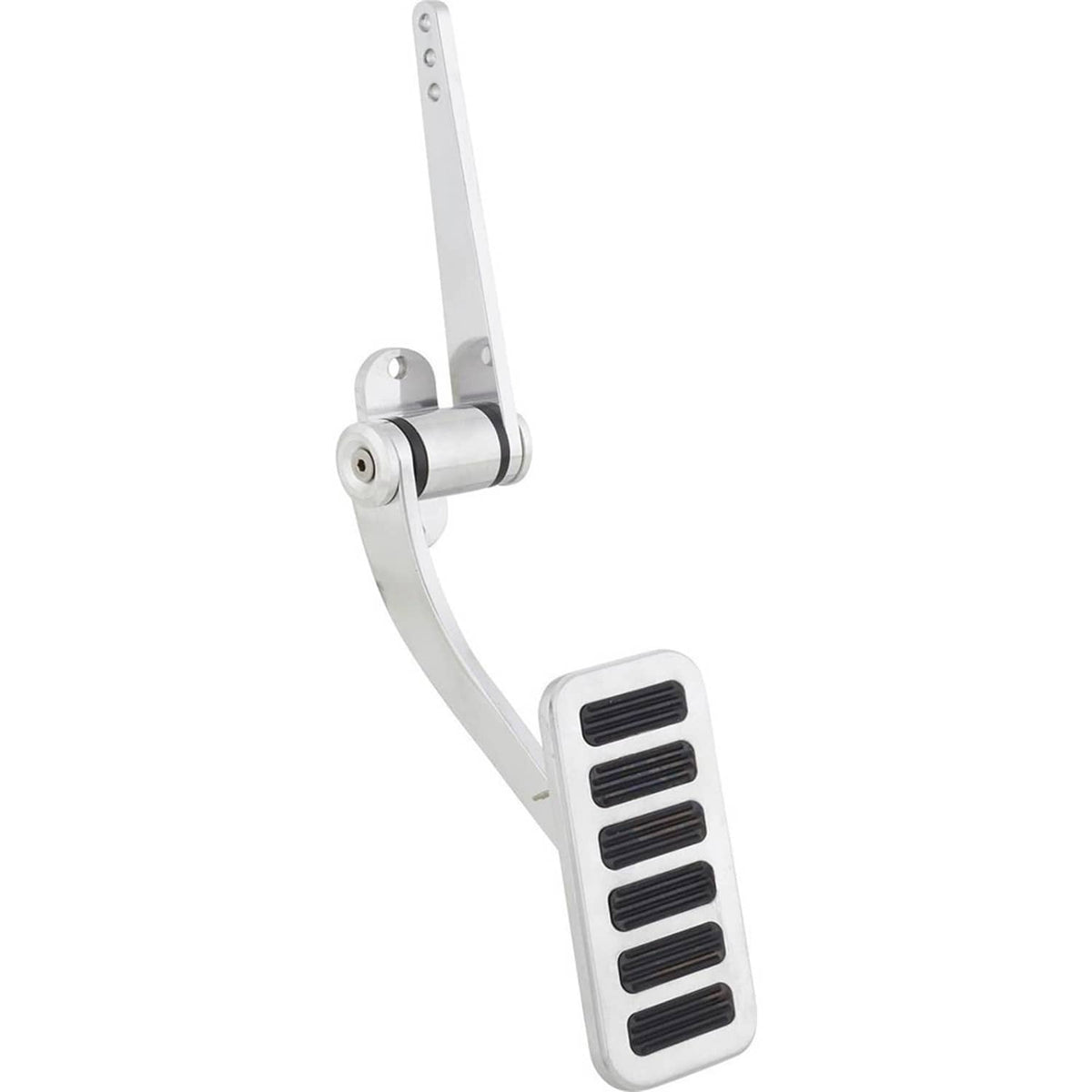 Polished aluminum throttle pedal with black ribbed foot pad and wall-mount bracket
