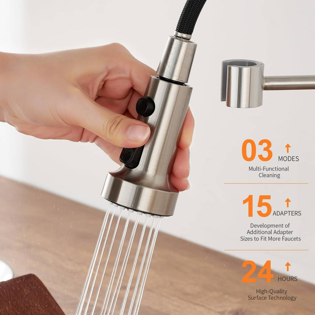 Brushed nickel faucet spray head attachment with hand-held control and water stream