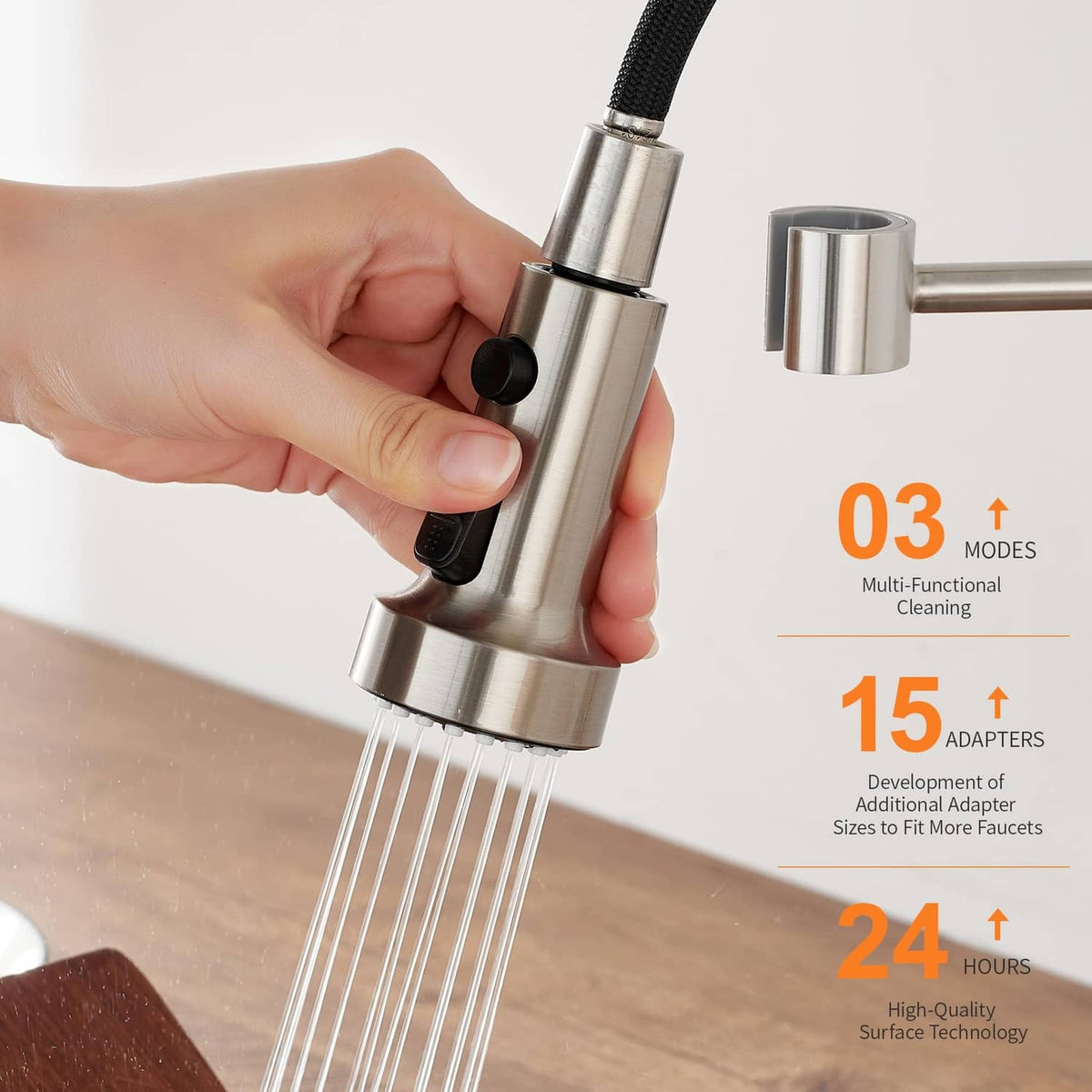 Brushed nickel faucet spray head attachment with hand-held control and water stream