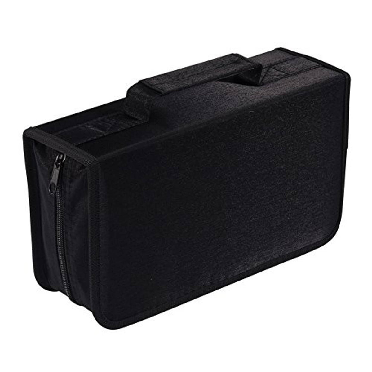 Black CD/DVD storage wallet with carry handle, zippered front, and textured fabric cover.