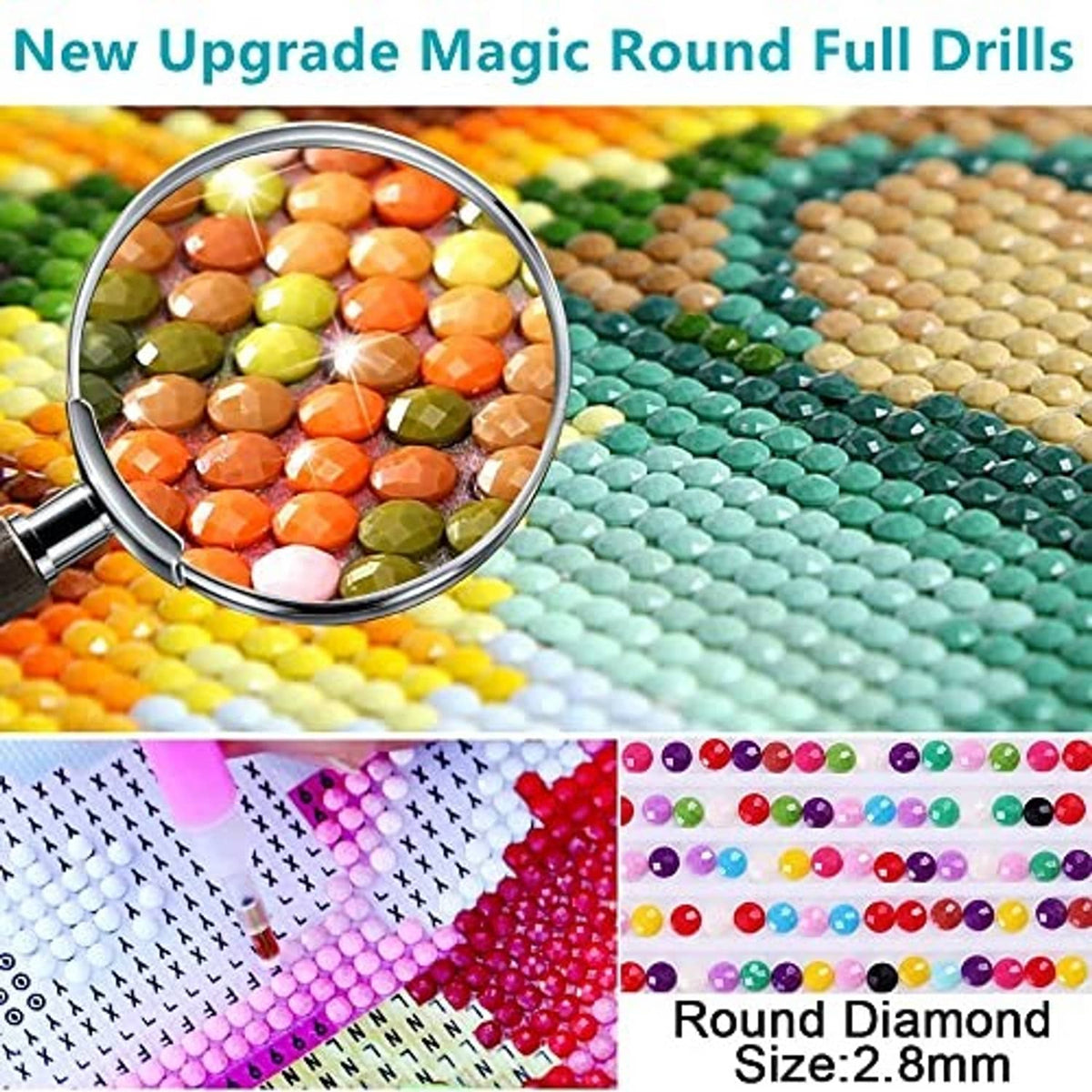 Round diamond painting drills with magnifying glass over mixed colors