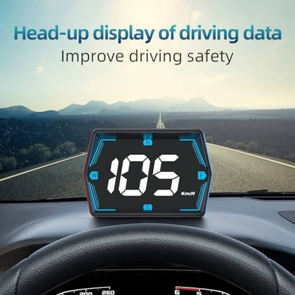 Car heads-up speedometer display showing 186 km/h digits with blue neon border