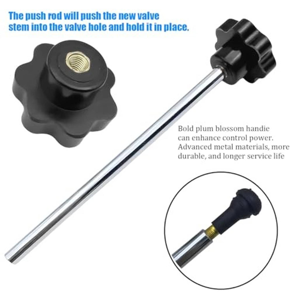 Tire valve stem installation tool with metal rod and black push knob