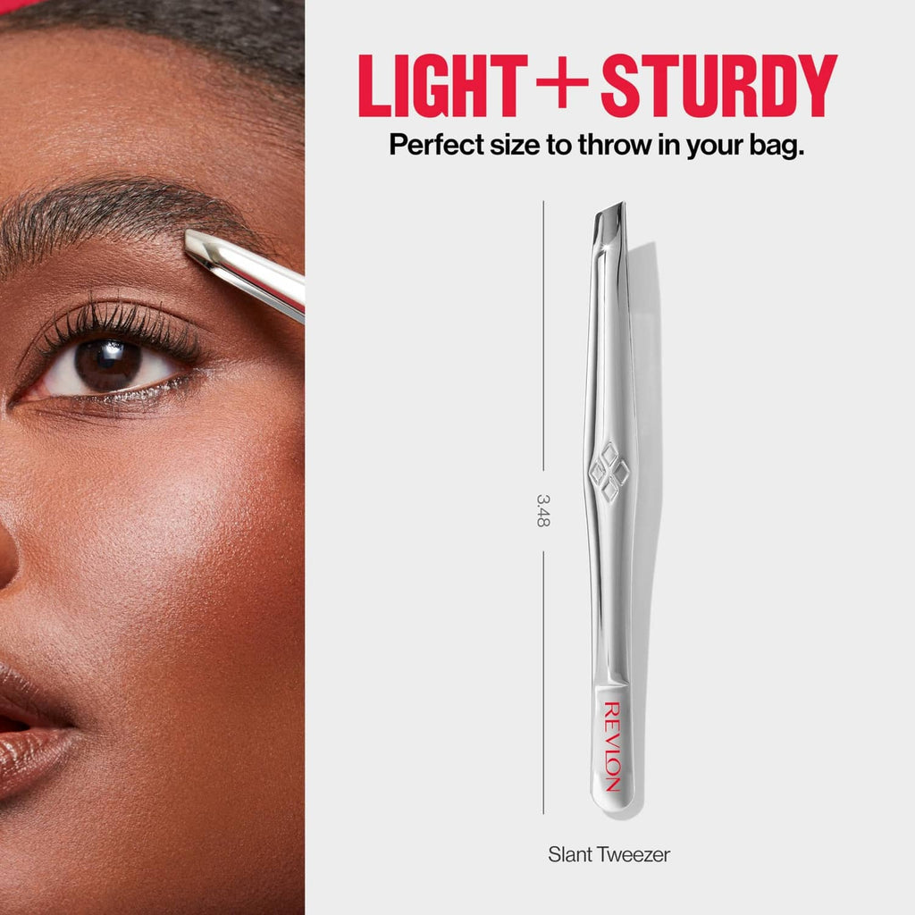 Revlon slant tweezer side view, embossed diamond grip, silver metal