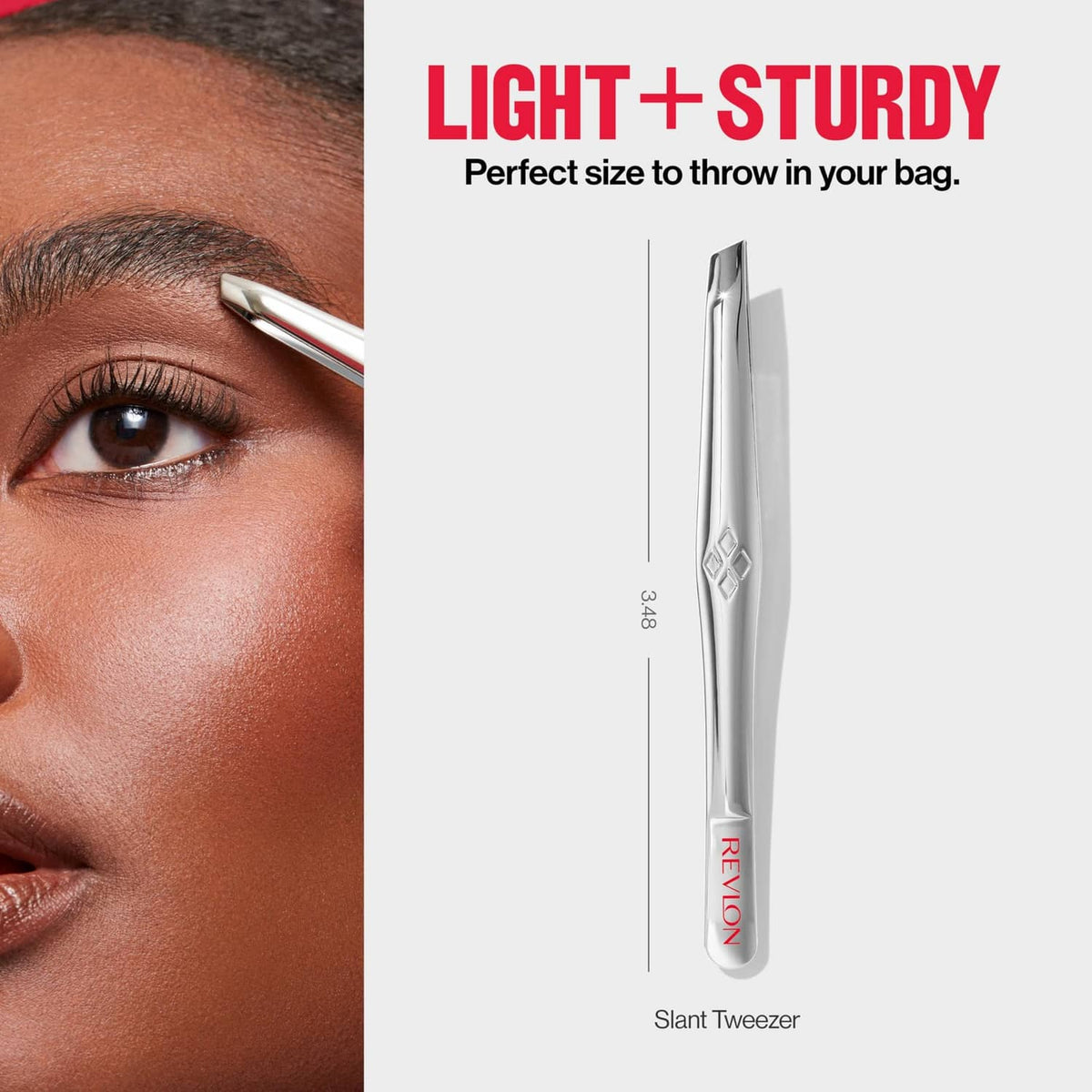 Revlon slant tweezer side view, embossed diamond grip, silver metal