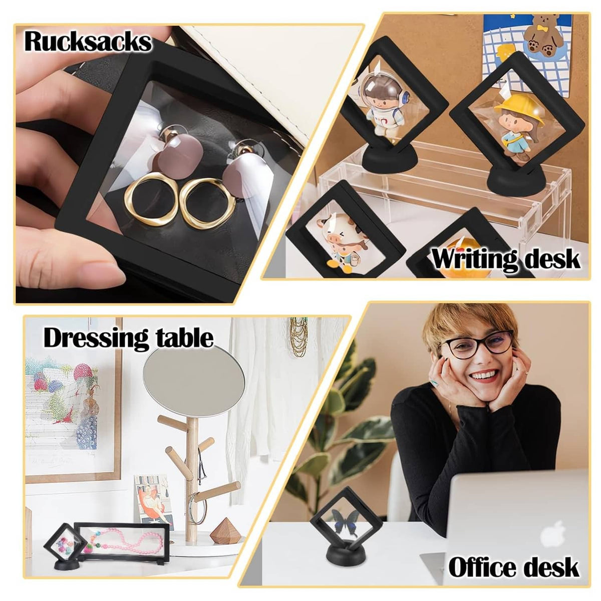 Black 3D floating display stand used on desk, showcasing small collectibles in clear window