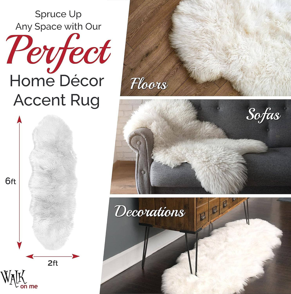 White faux fur accent rug with thick pile in a living room setting on wood floor