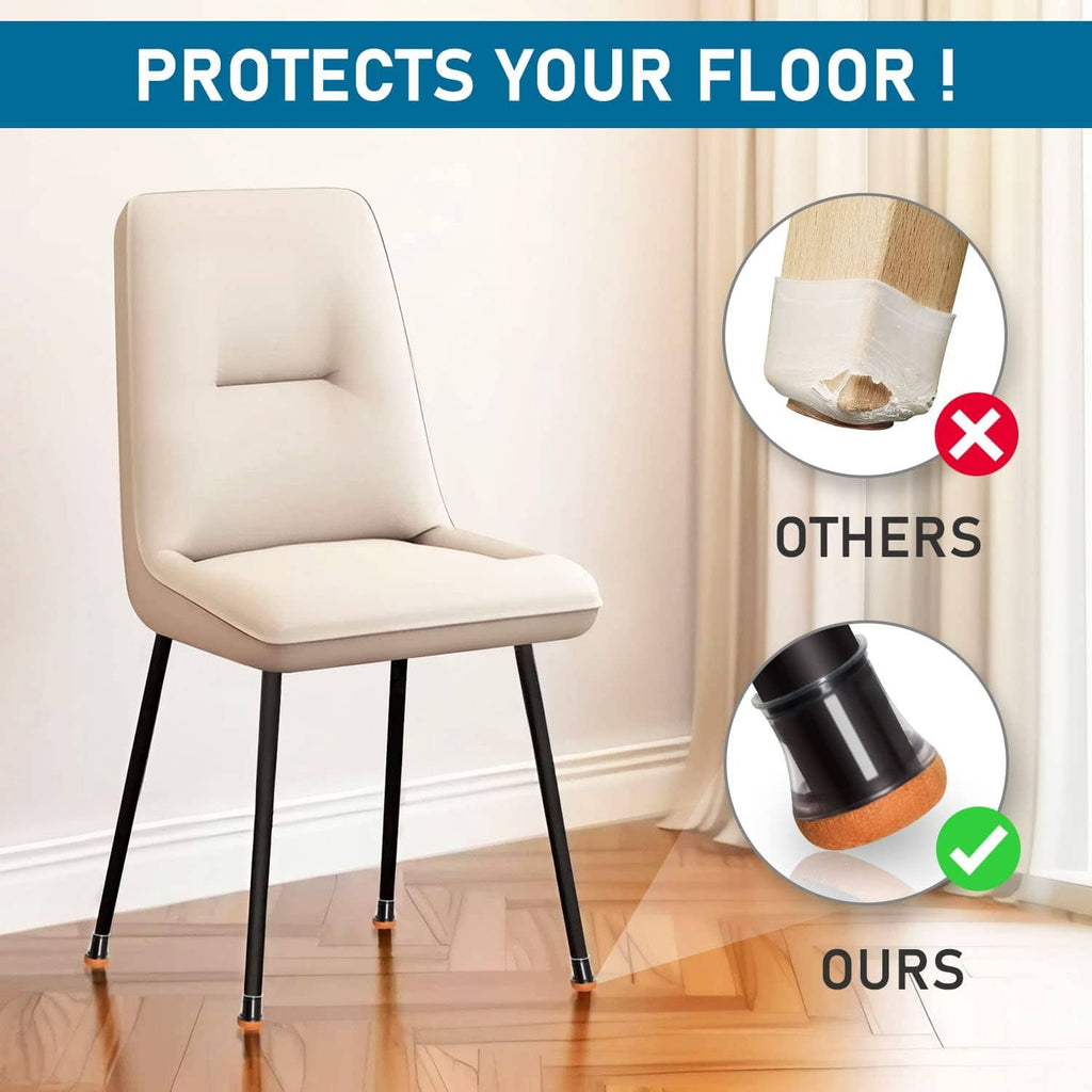 Chair leg floor protector on chair leg, clear silicone sleeve with brown felt base