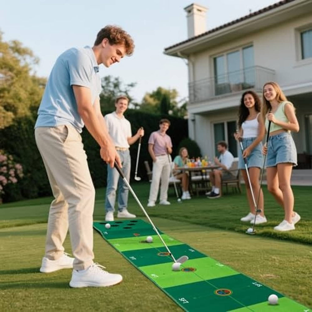 Green golf putting mat set on grass with cup holes and practice balls