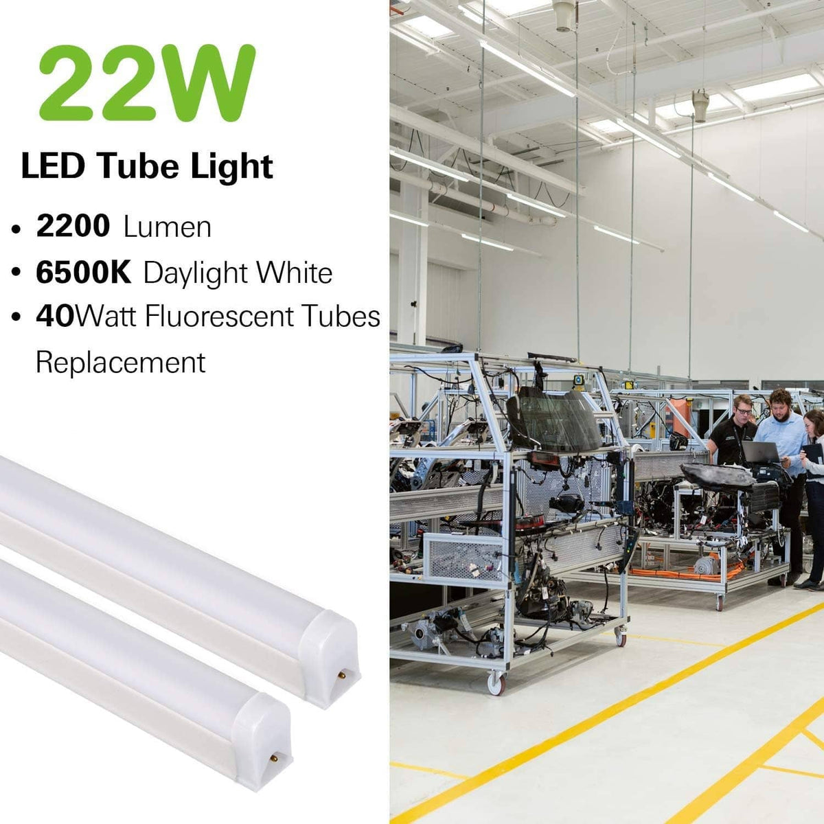 White 4 ft LED tube light fixture with end caps and integrated housing