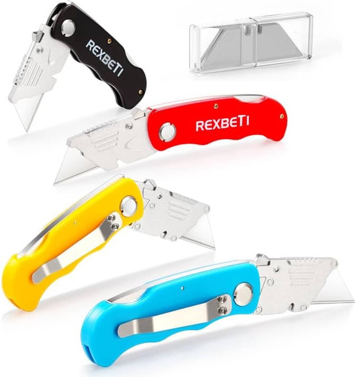 4 folding box cutter knives in black, red, yellow, and blue with metal blades
