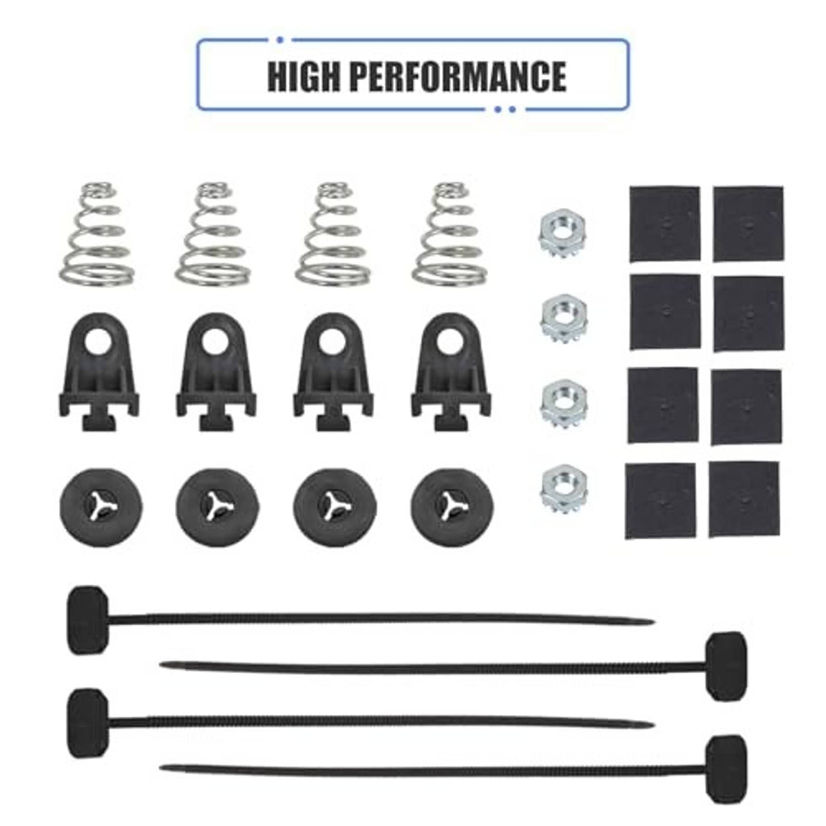 Radiator cooling fan mounting accessory kit: springs, clips, nuts, bolts, and screws.