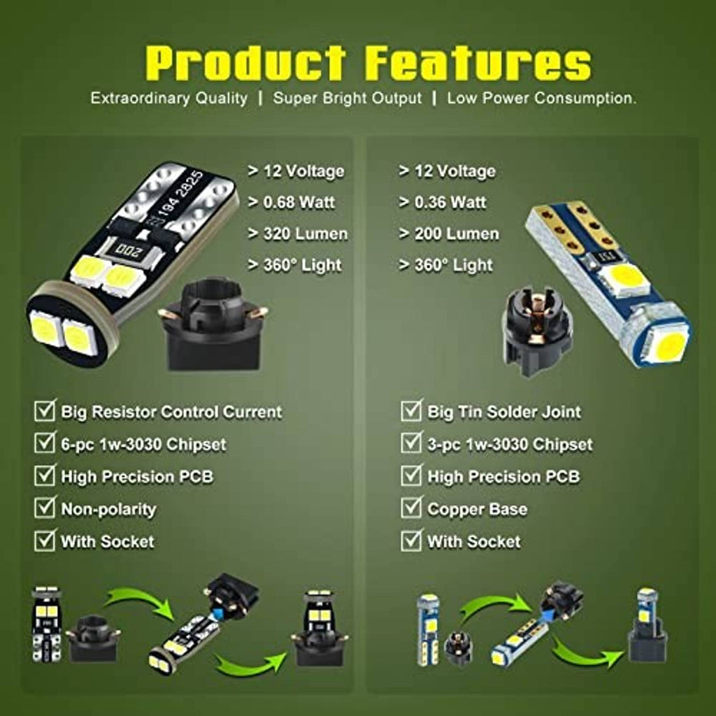 LED instrument bulbs with socket, bright yellow chips, quality and power feature icons