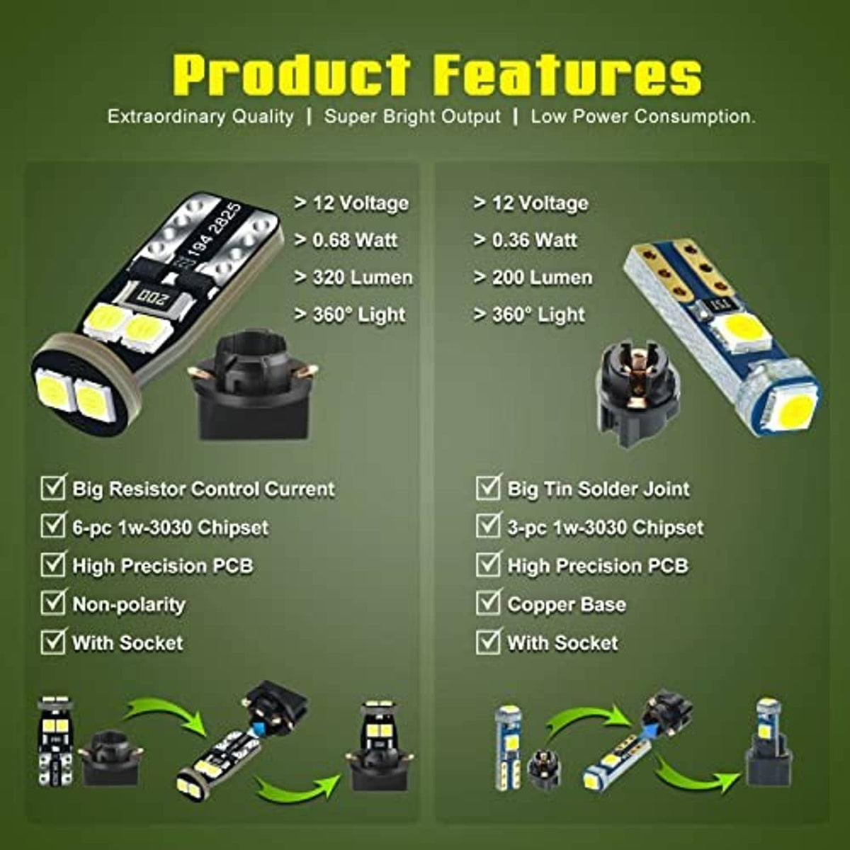 LED instrument bulbs with socket, bright yellow chips, quality and power feature icons
