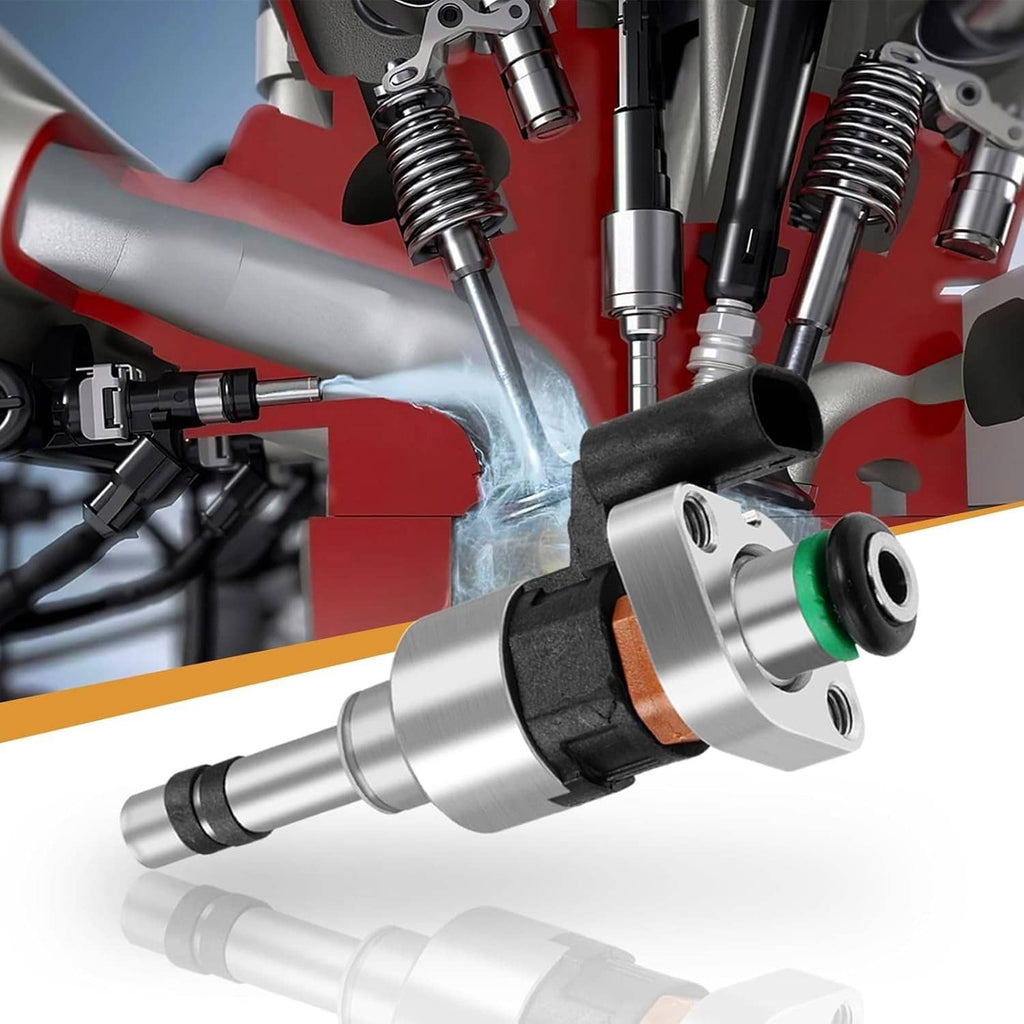 Fuel injector with silver metal housing, black electrical connector, green O-ring, angled close-up