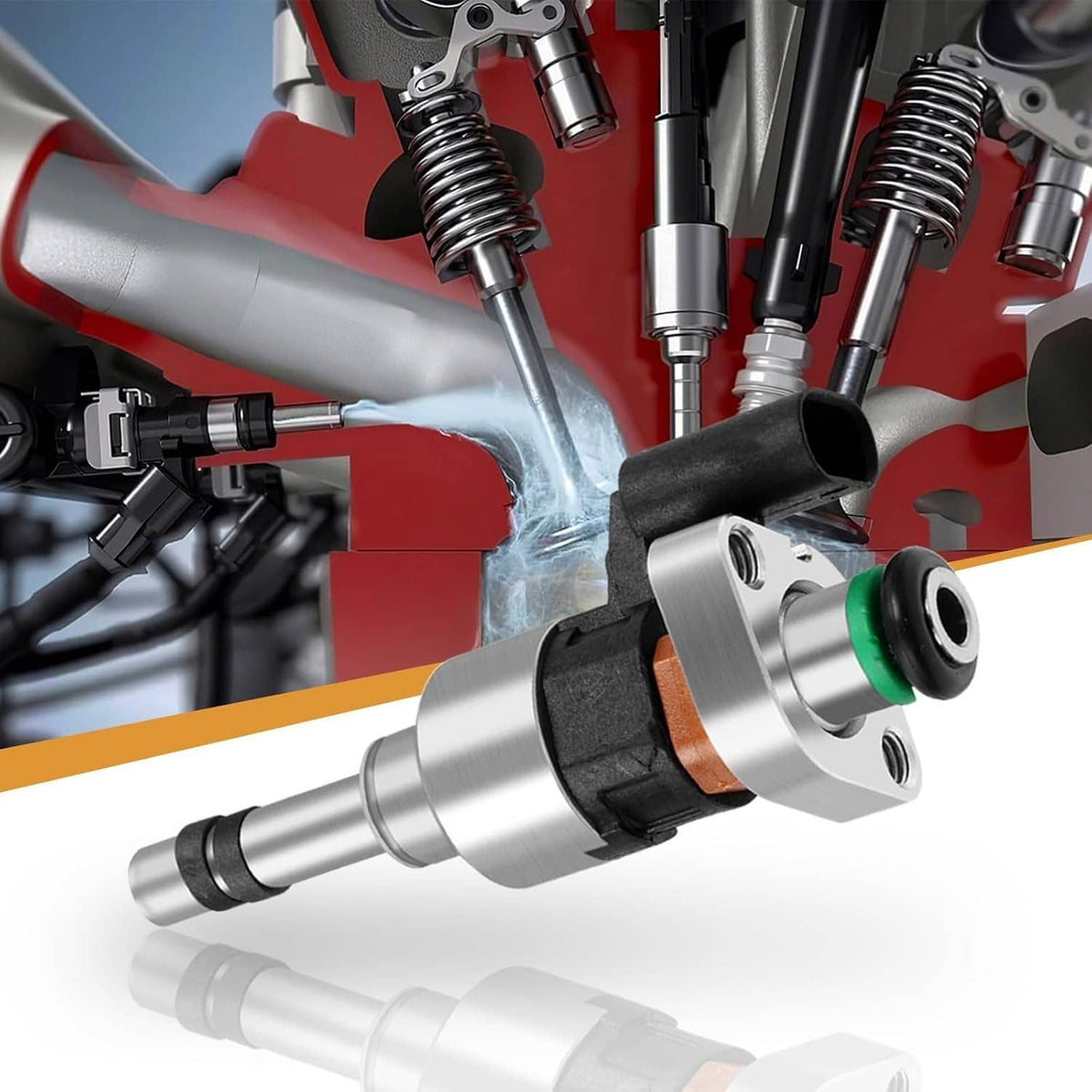Fuel injector with silver metal housing, black electrical connector, green O-ring, angled close-up