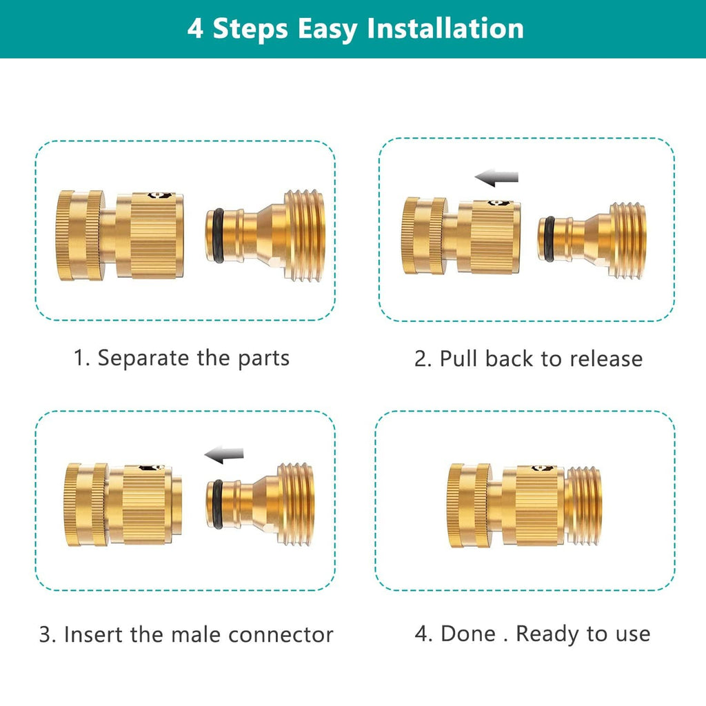 Brass quick connector fitting with threads and black O-ring, parts shown separately