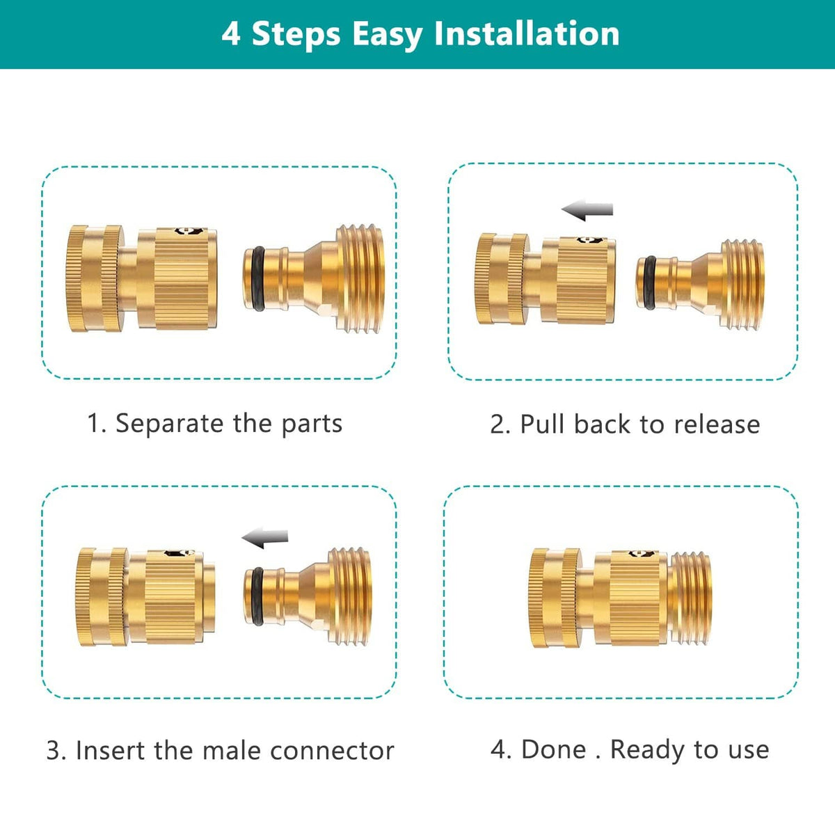 Brass quick connector fitting with threads and black O-ring, parts shown separately
