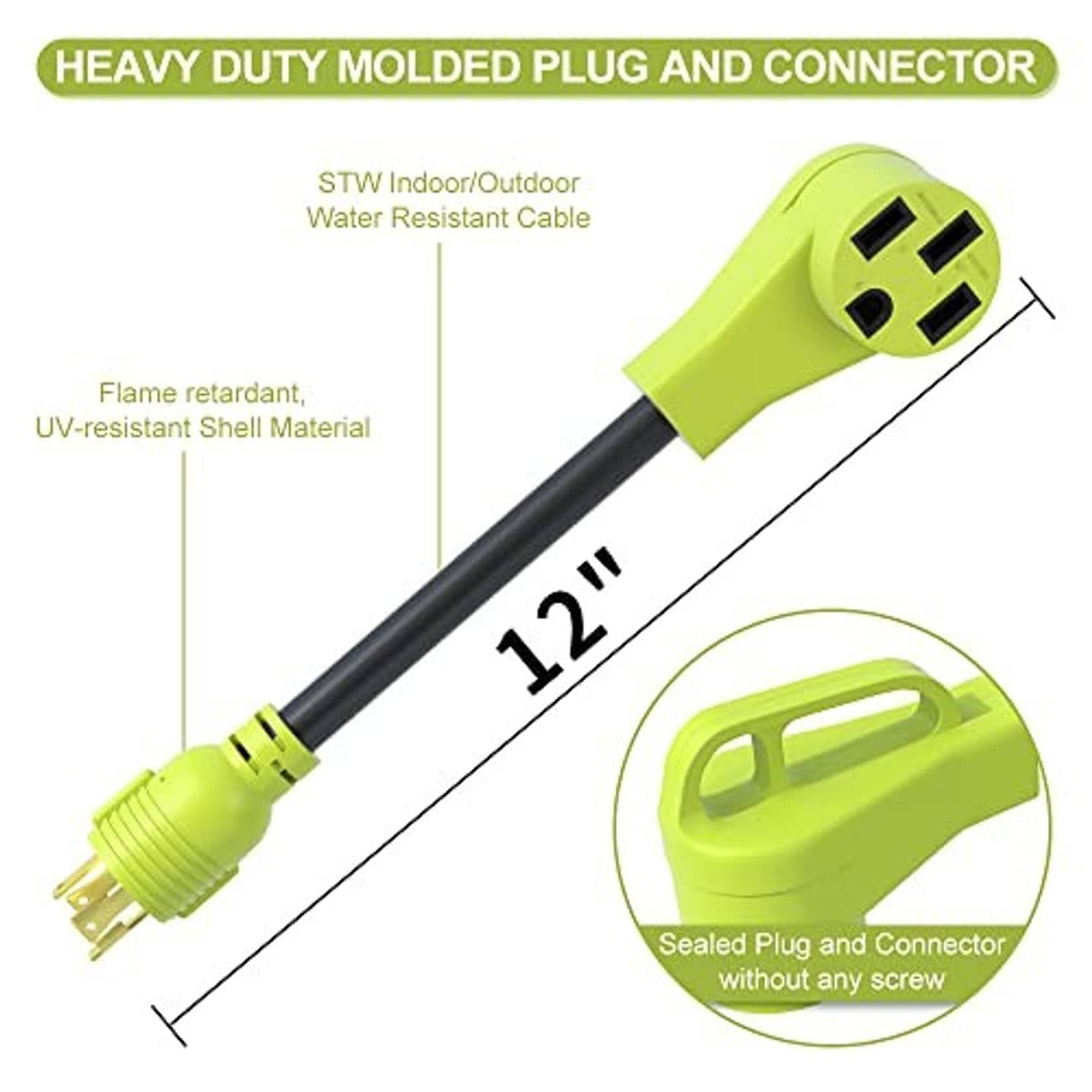Green heavy-duty generator adapter cord with molded plugs and sealed connector