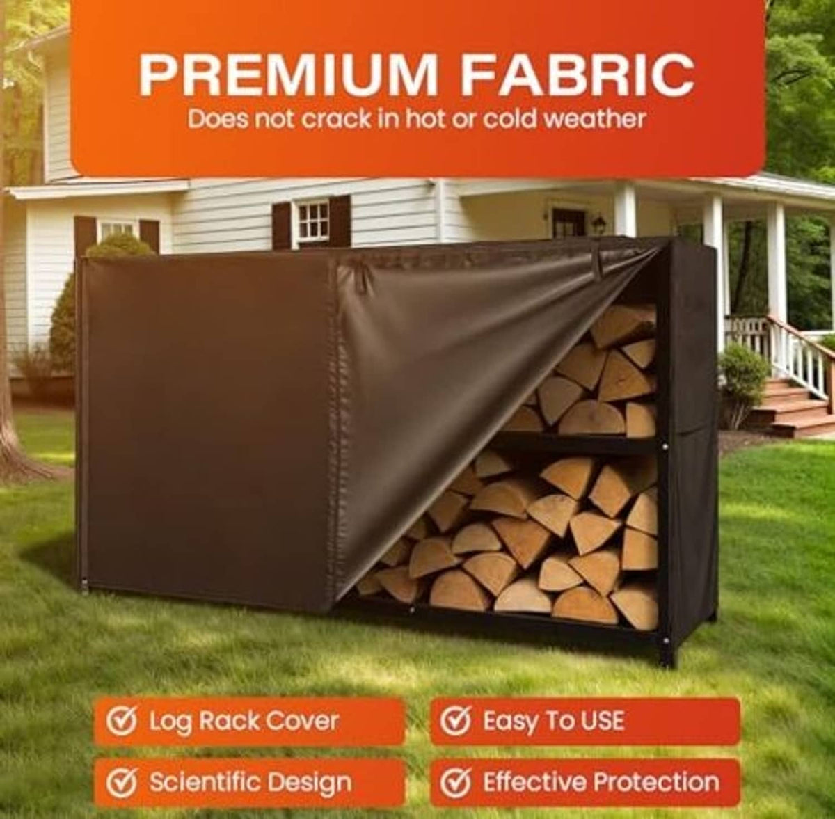 Black firewood rack cover with open side showing stacked firewood inside.