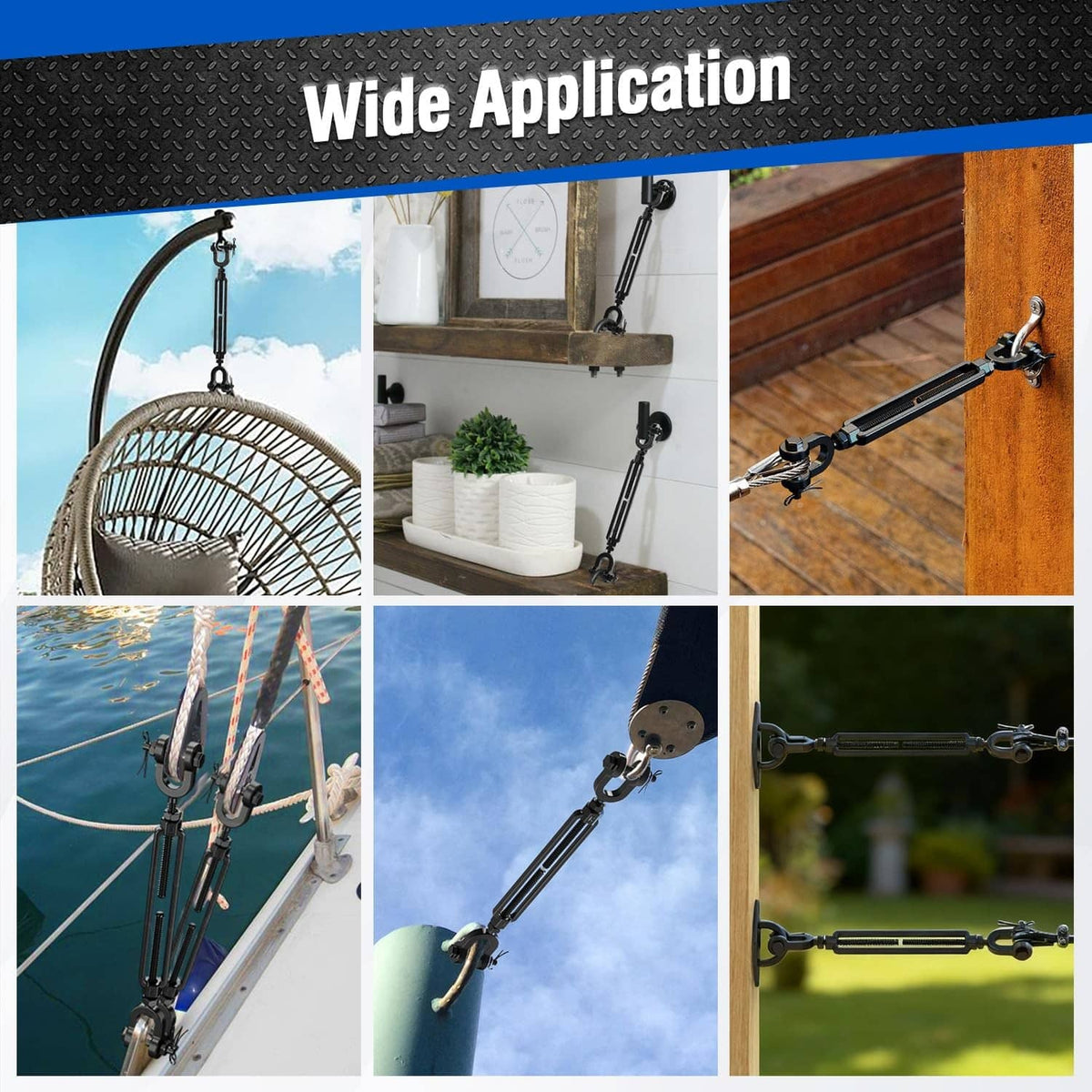 Black turnbuckle set for hanging and rigging, shown with jaw clamps and pins