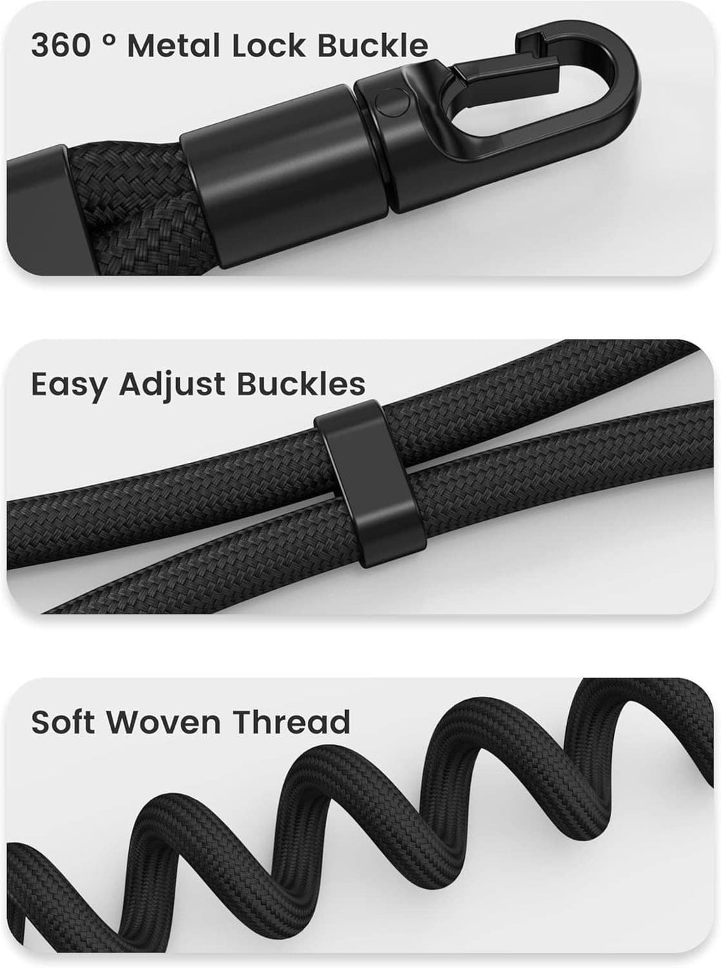 Black woven phone lanyard with 360° metal lock buckle and adjustable clasp