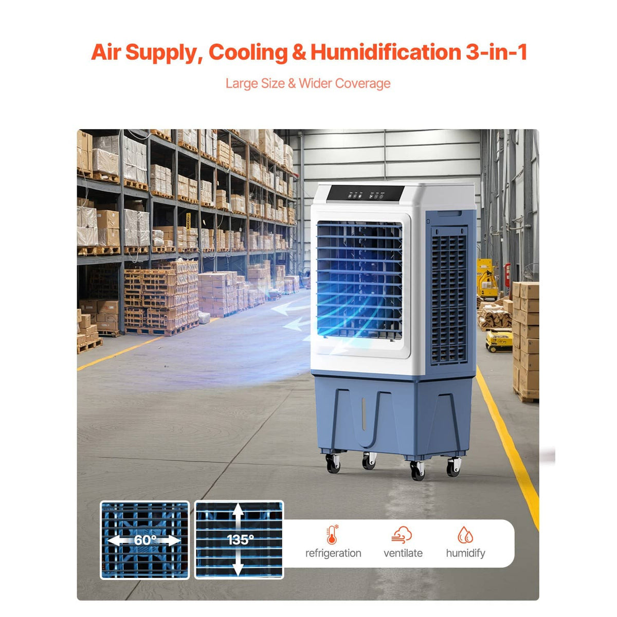 White and blue evaporative air cooler unit with front grille and caster base