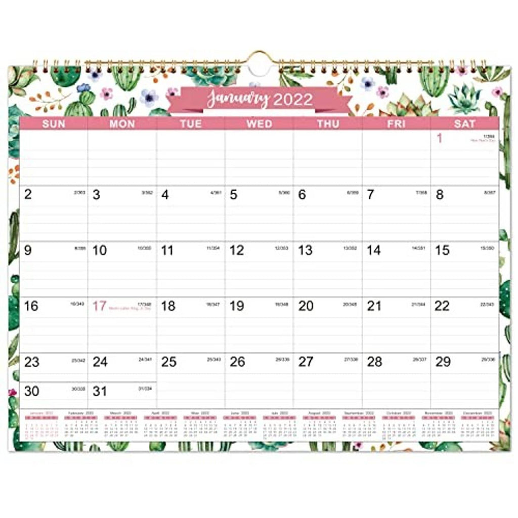 Wall calendar with January 2022 layout, floral cactus top strip and gold hanging rings