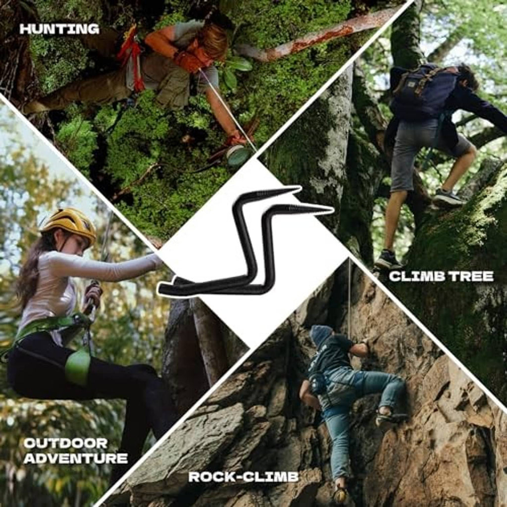 Black screw-in tree steps used for climbing on rocky terrain