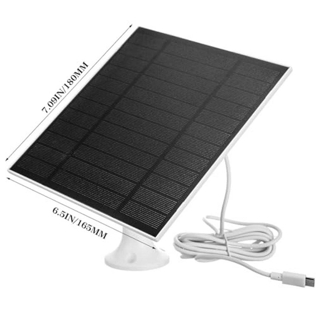 Black flexible solar panel with white stand and attached cable, shown with dimensions