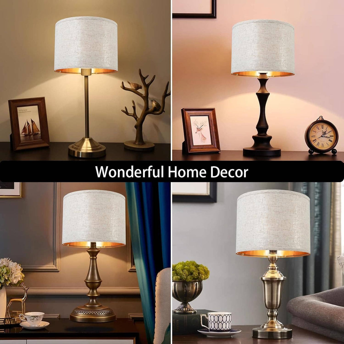 Two white linen drum lamp shades on table lamp bases, amber-lined interiors