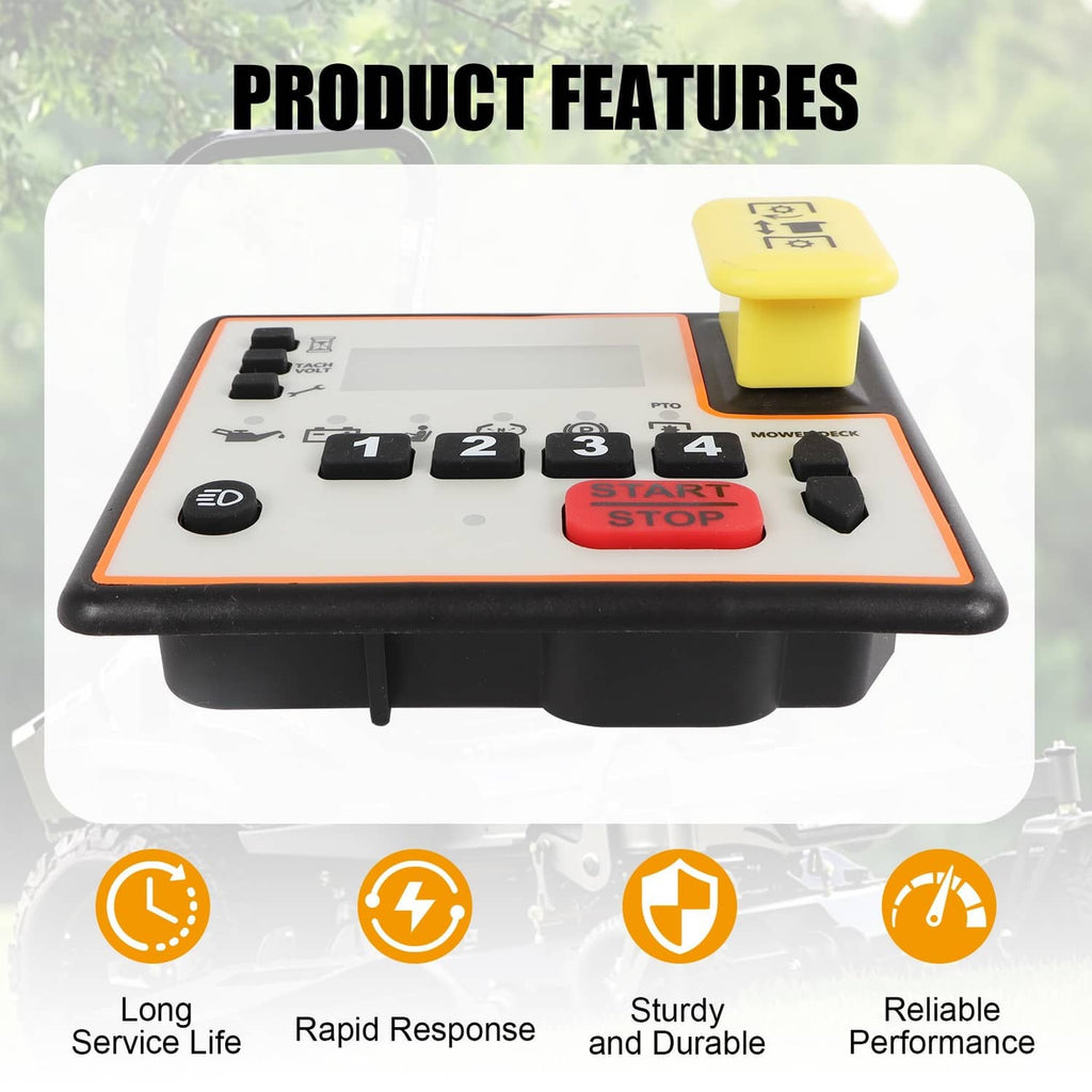 Mower control panel keypad with LCD, numbered keys 1-4, and red START/STOP control