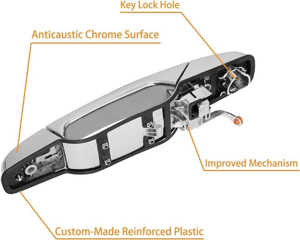 Chrome exterior door handle showing key lock hole and internal mechanism, reinforced plastic body